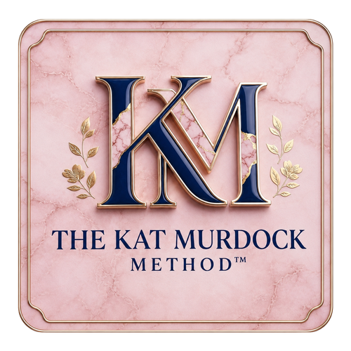 A square pink marble-style graphic with a gold border and large stylized letters 'KM' in navy and gold, with the text 'THE KAT MURDOCK METHOD' below.